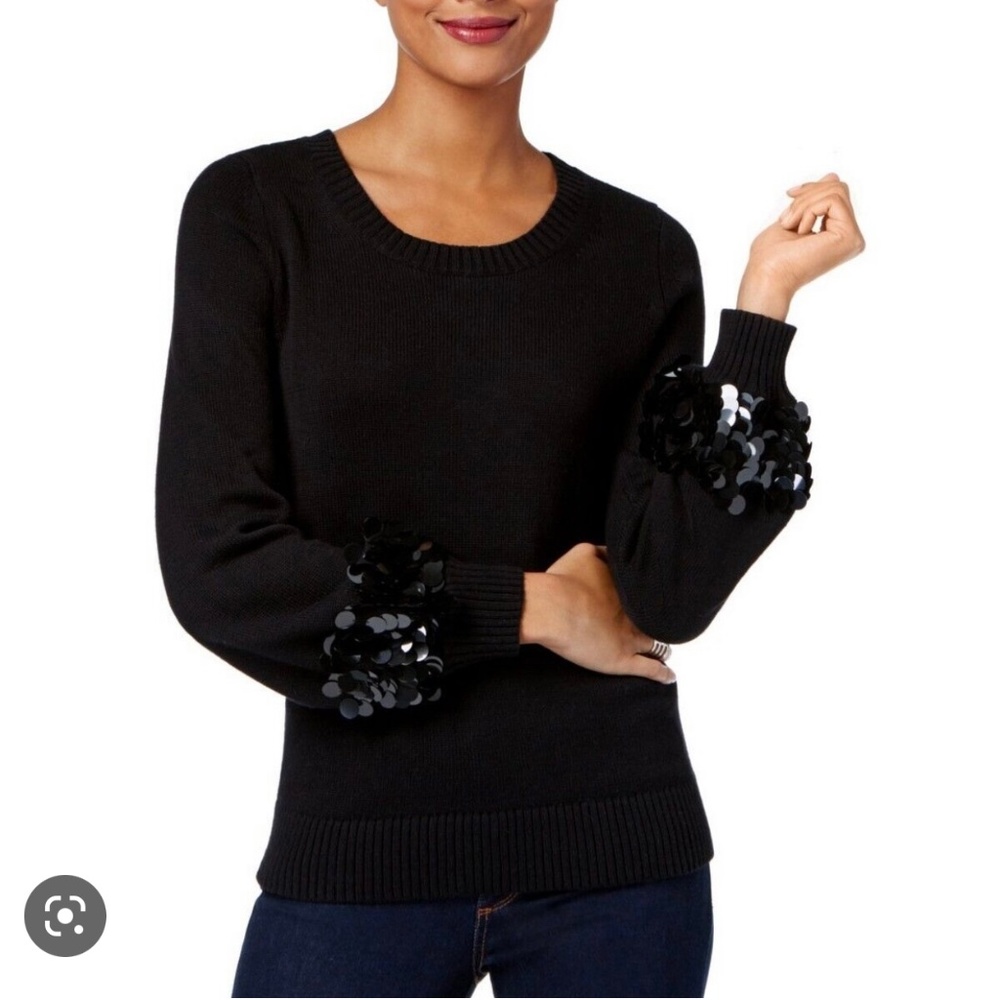 MICHAEL KORS Women's Black Cotton Sequin-Cuff Crewnec Sweater Size L